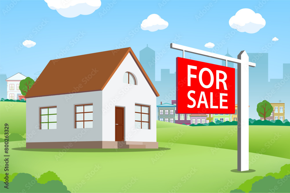 Wall mural for sale sign in front of the house. stock vector illustration