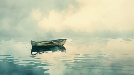 Fototapeta premium Detailed watercolor of a small boat on a glassy sea, surrounded by the gentle fog of early morning, promoting a sense of solitude and tranquility