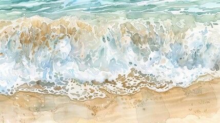 Detailed watercolor showing the texture of the sea foam and sand, a close-up view for a soothing effect in consultation rooms