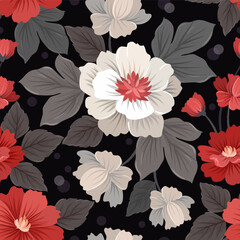 Beautiful red and white flowers on black background seamless pattern. This pattern can be used for fabric textile wallpaper background.