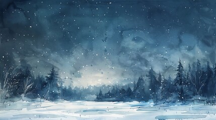 Fototapeta premium Dreamy watercolor of a snow-covered meadow under a starlit sky, providing a cool, quiet solace for those in the clinic