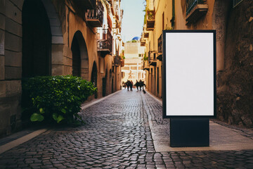 Outdoor mockup of a blank information poster on patterned paving-stone; an empty vertical street...