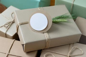 Round sticker mockup for gift, product label mockup, circle gift tag, thank you sticker on kraft paper box