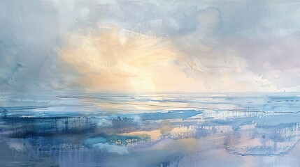 Dynamic watercolor of a panoramic view of the beach at dawn, the soft light and gentle tide creating a serene setting