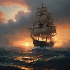 warship at sunset
