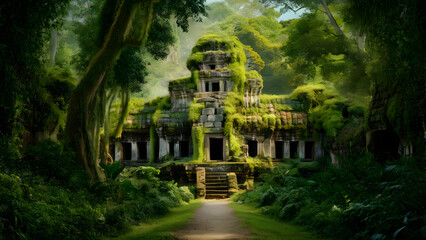 Fototapeta na wymiar A photorealistic image of a ruined temple, overgrown with moss and vines, in the heart of a lush jungle. The temple's architecture hints at a lost civilization and a bygone era.