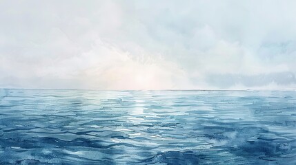 Obraz premium Ethereal watercolor seascape of a serene ocean at dusk, the sky and water merging in a palette of cool blues and soft grays
