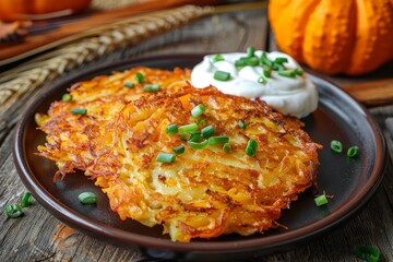 Grated pumpkin used to make latkes or hash browns with egg flour spring onion and yogurt with whole pumpkin in the background