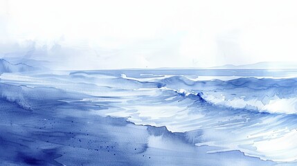 Obraz premium Gentle watercolor depicting the ebb and flow of ocean waves on a quiet beach, hues of blue and white instilling calm