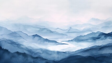 Fototapeta premium Gentle watercolor depiction of a misty mountain range under a sky of delicate morning hues, inviting tranquility and reflection