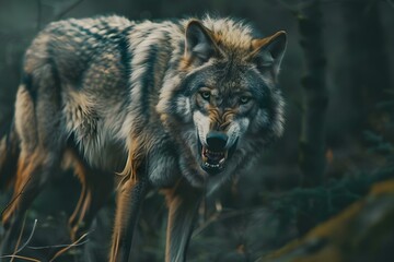 A solitary wolf in the forest displaying aggression and prepared to strike. Concept Wildlife Photography, Animal Behavior, Forest Setting, Aggression, Solitary Wolf