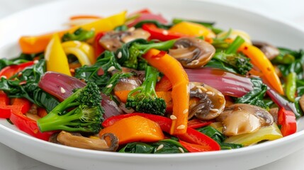 A colorful vegetable stir-fry rich in greens, reds, and yellows, served in a white ceramic dish, under studio lighting to enhance freshness
