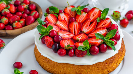 Home Victoria sponge cake, decorated with strawberries. Generative Ai