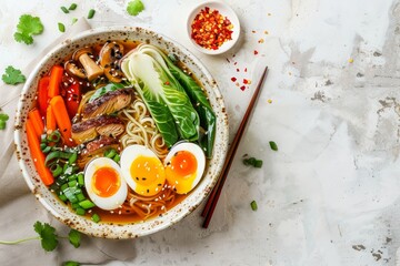 Japanese Ramen with eggs pak choi meat broth carrot mushrooms in bowl on light grey background Asian cuisine