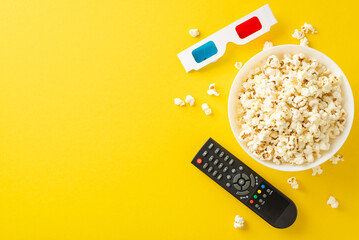 Cozy home cinema top view scene: pop corn snack, 3D glasses, and remote control on a yellow surface