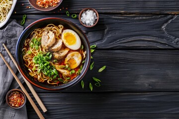 Japanese ramen with chicken egg chives sprouts on dark wood