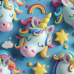 A unicorn with rainbow hair and a pink nose is surrounded by stars and hearts. The image has a whimsical and playful mood, with the unicorn being the main focus and the stars. Generative Ai