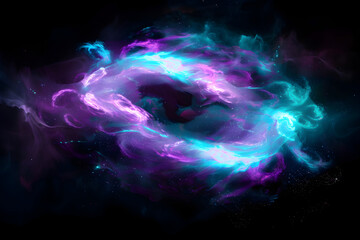 Luminous neon galaxy with swirling purple and turquoise cosmic clouds. Abstract art on black background.