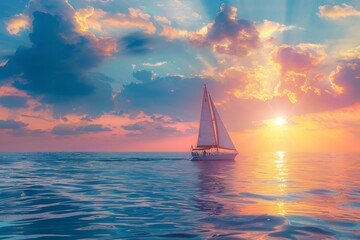 Luxury yacht cruising during beautiful sunset on the sea