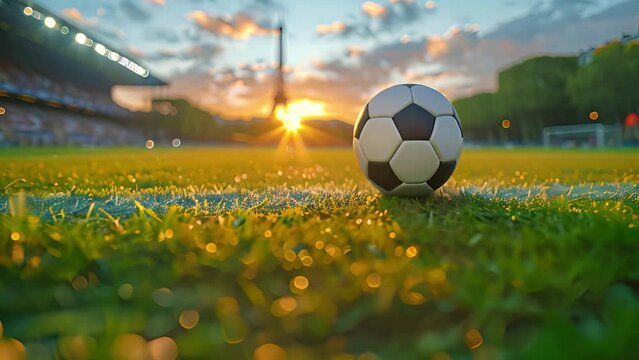 Soccer ball on big stadium grass ready for football games with eiffel tower on background