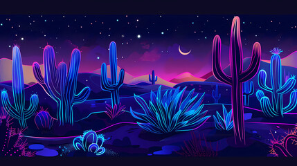 Nighttime neon, brightly colored desert landscape