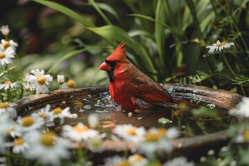Male cardinal bird bathes among daisies and foliage in summer