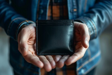 Male holds handmade black leather wallet Craft leather accessories advertising close up Elegant fashion holder