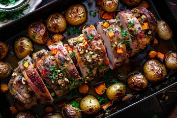 Mangalica pork loin stuffed with walnuts and pumpkin wrapped in bacon served with vegetables and potatoes on a roasting pan