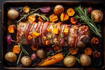 Fototapeta premium Mangalica pork tenderloin stuffed with walnuts and pumpkin wrapped in bacon served with vegetables and boiled potatoes on a tray