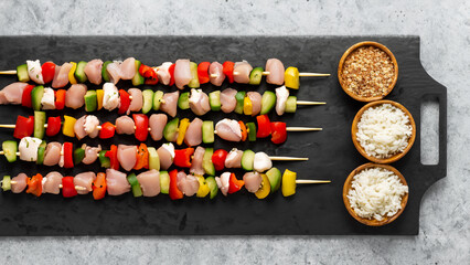 Kebab. Chicken, beef, or lamb skewers with rice and veggies. raw. Generative Ai