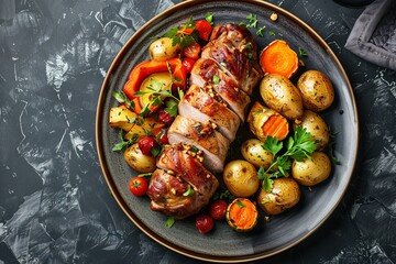 Mangalica pork tenderloin stuffed with walnuts pumpkin and bacon served with vegetables and potatoes on a designer plate