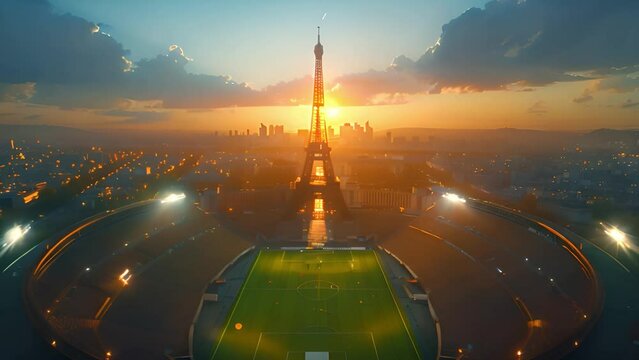 An olympic-sized stadium stands tall with the majestic eiffel tower in backdrop