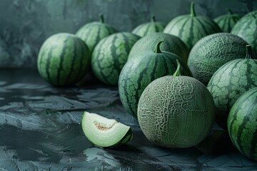 Many large ripe green watermelons and one sliced watermelon