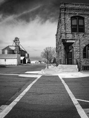 Crossroad in a small town of American West, a nostalgic rustic cityscape of Hartford, South Dakota, USA