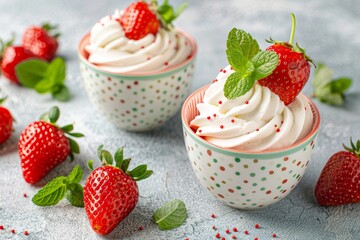 Exquisite dessert presentation with fresh strawberries and whipped cream exuding elegance