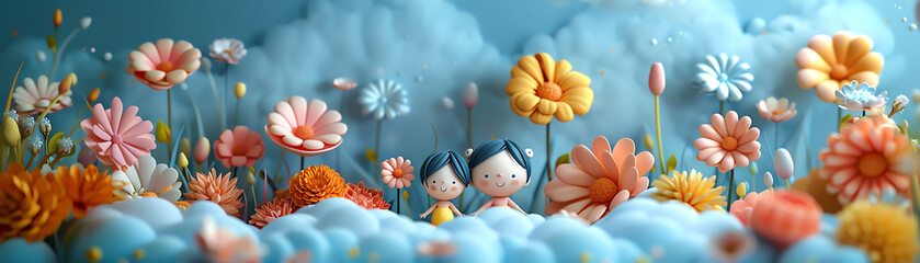 A boy and a girl standing in a field of flowers made of clouds