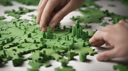 Hand carefully connects jigsaw puzzle pieces, featuring elements of a green cityscape, symbolizing the collaborative effort in building sustainable urban communities. generative.ai