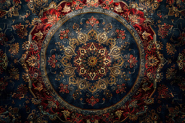 Elaborate pattern design on a Persian carpet featuring red and blue hues with floral motifs