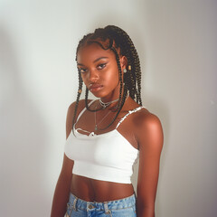 dark skin, African American woman. Black small braids,cute pose. blue jeans, white studio with no jewelry.