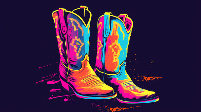 Neon, brightly colored, illustration of Western cowboy boots