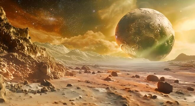 An astronaut on a distant planet looks back at Earth, which is seen as a small blue dot in the vastness of space.
