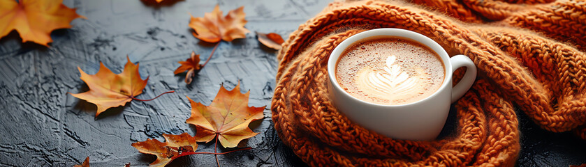 A cup of coffee on a table next to a scarf and some fallen leaves.