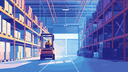 Stylized illustration of the interior of a warehouse and operated by a worker wearing a hard hat, which suggests a focus on safety within the work environment