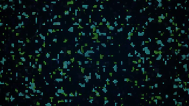 flickering blue and green pixels on a black background