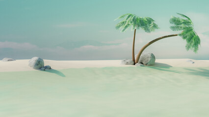 Empty summer tropical beach with coconut palms and stones. Summer travel concept. 3d render. Front view - 800269361