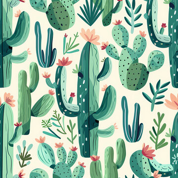 Seamless Illustrated cactus pattern