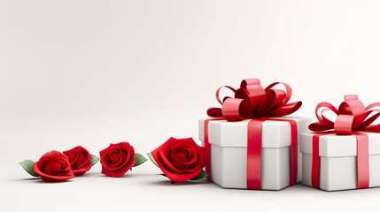 Isolated on a white background with ribbon and hearts next to presents and roses