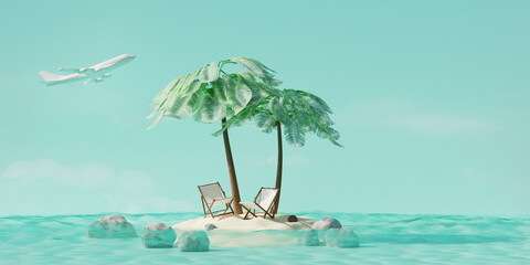 Summer tropical island with coconut palms and beach chairs  in ocean and airplane in sky. Summer travel concept. 3d render - 800269759