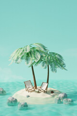 Summer tropical island with coconut palms and beach chairs in ocean. Summer travel concept. 3d render - 800269903