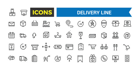 Delivery Line Icons Set, Shipping Icon Collection, Set Of Shipping Related Vector Line Icons, Contains Such Icons As Courier, Package Protection, Return And More, Vector Illustration